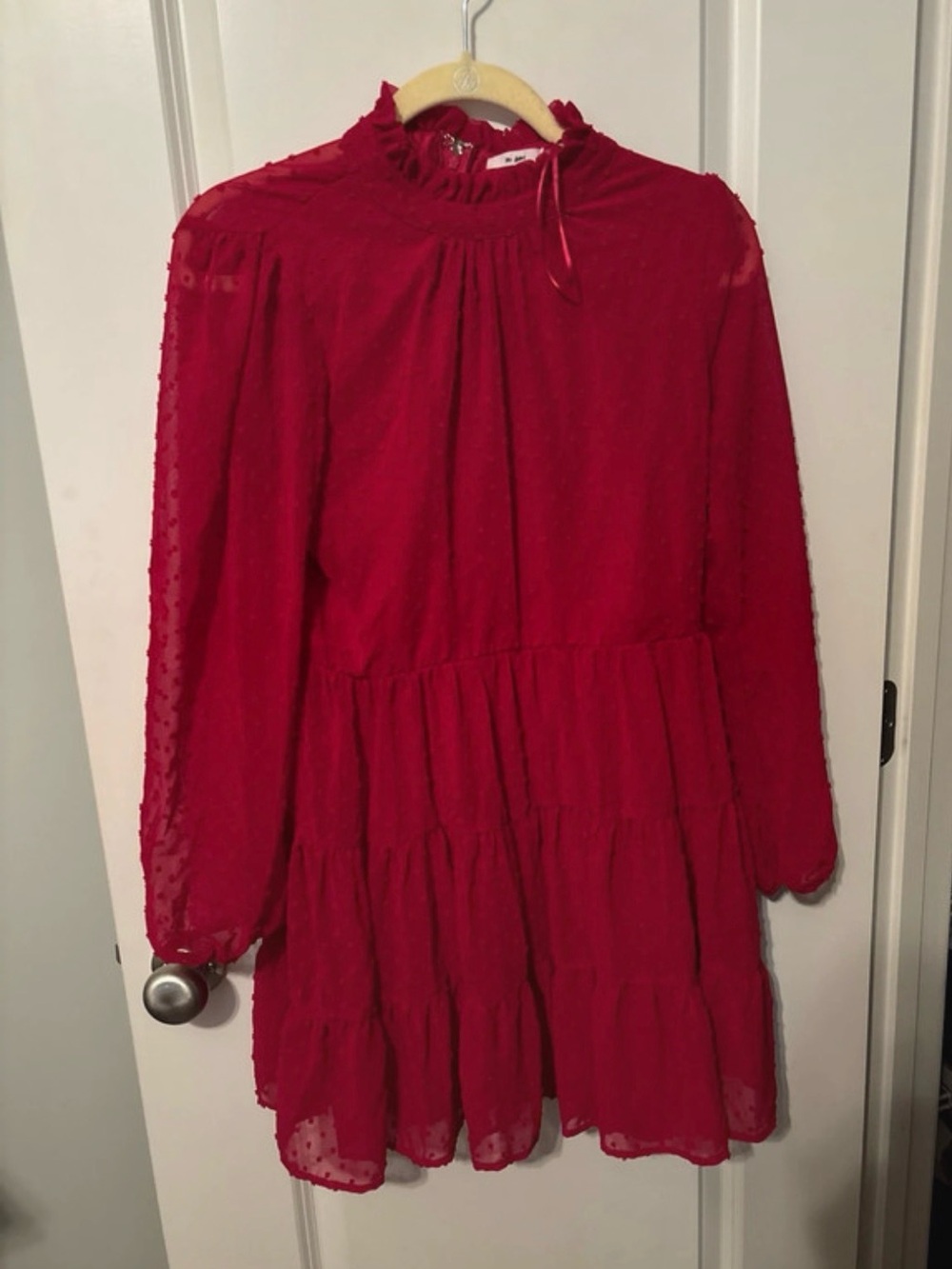 miami Red Tiered Ruffle Neck Long-Sleeve Dress